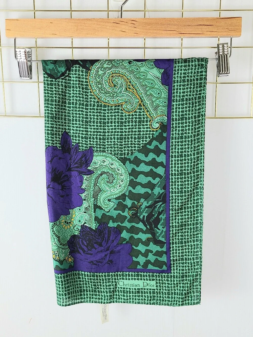 Christian Dior Royal Blue Green Paisley Vintage Silk Scarf